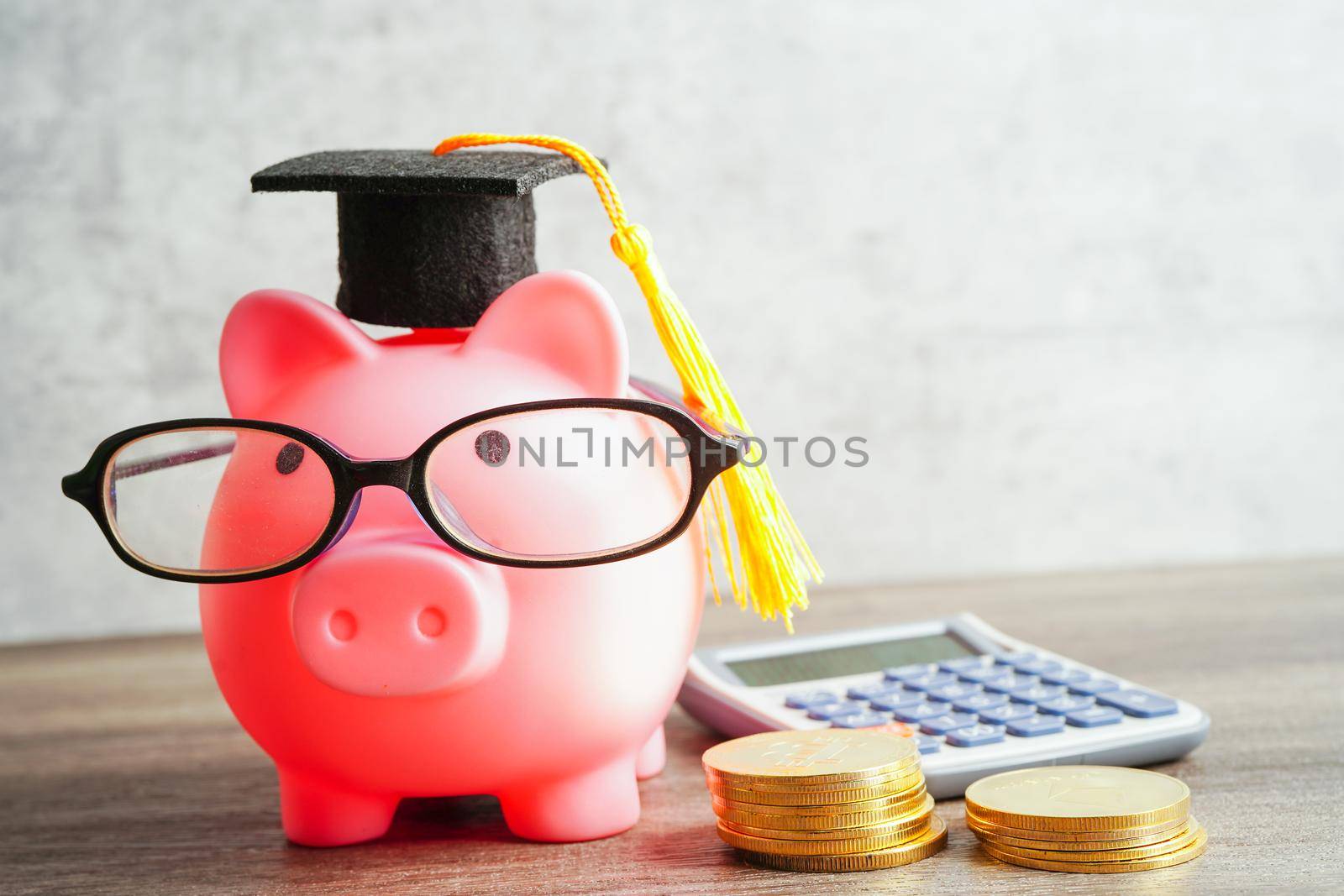 Pigging bank wearing eyeglass with coins and calculator; saving bank education concept.