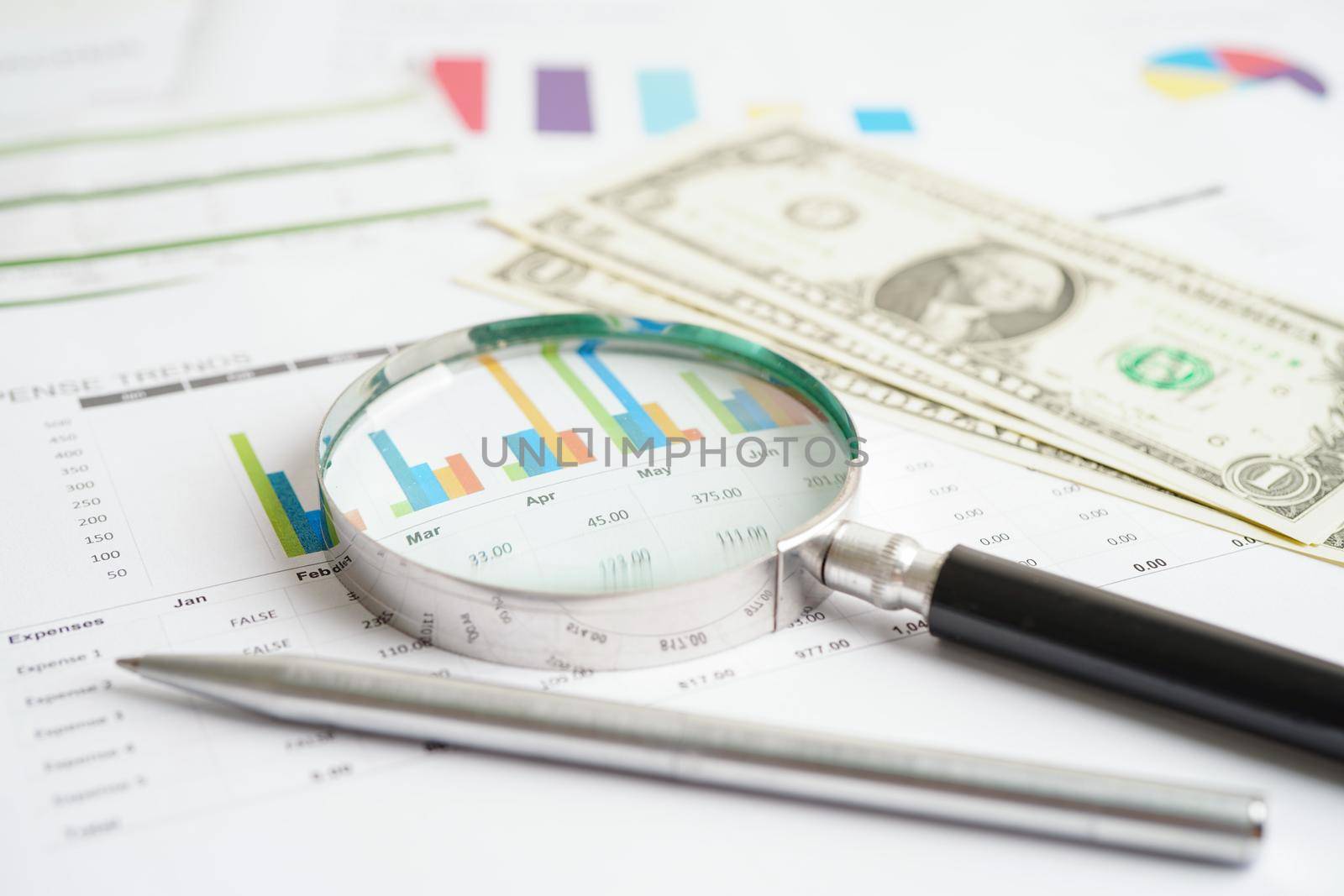 Magnifying glass on US dollar and EURO banknotes and graph, finance business trade concept.