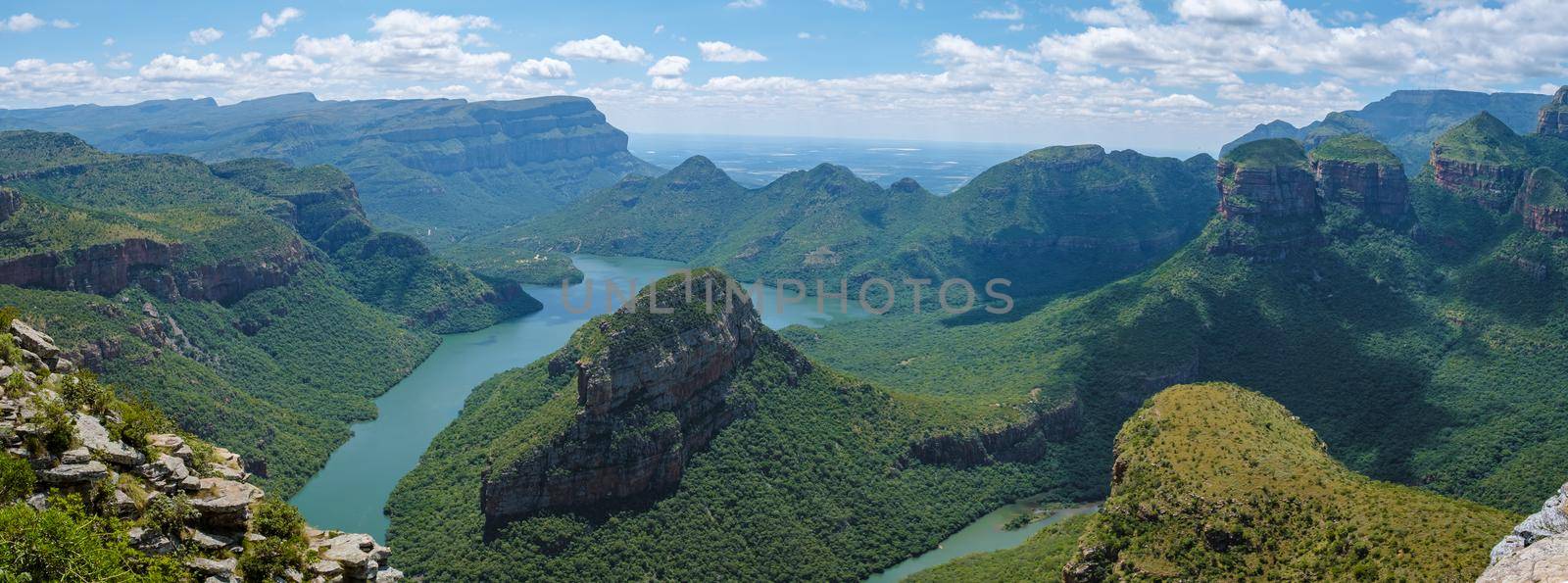 Panorama Route South Africa, Blyde river canyon with the three rondavels, impressive view of three rondavels and the Blyde river canyon in South Africa.