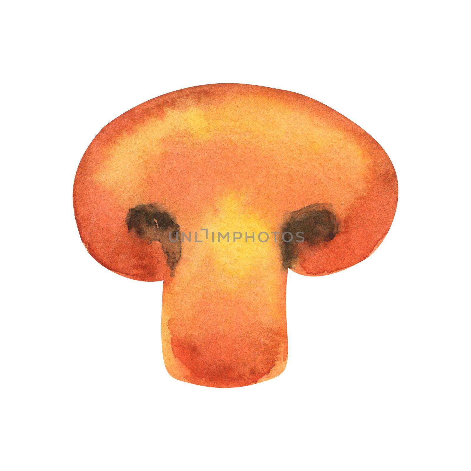 piece of fried champignon. Watercolor illustration of mushroom isolated on white background. by ElenaPlatova