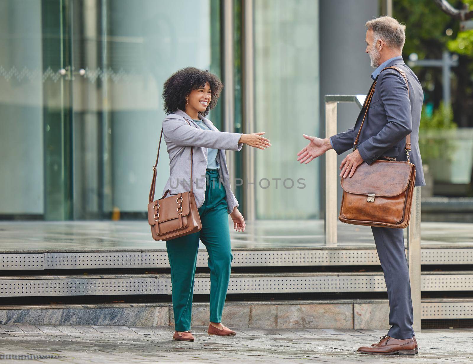 Its wonderful to meet you. two business colleagues greeting each other. by YuriArcurs