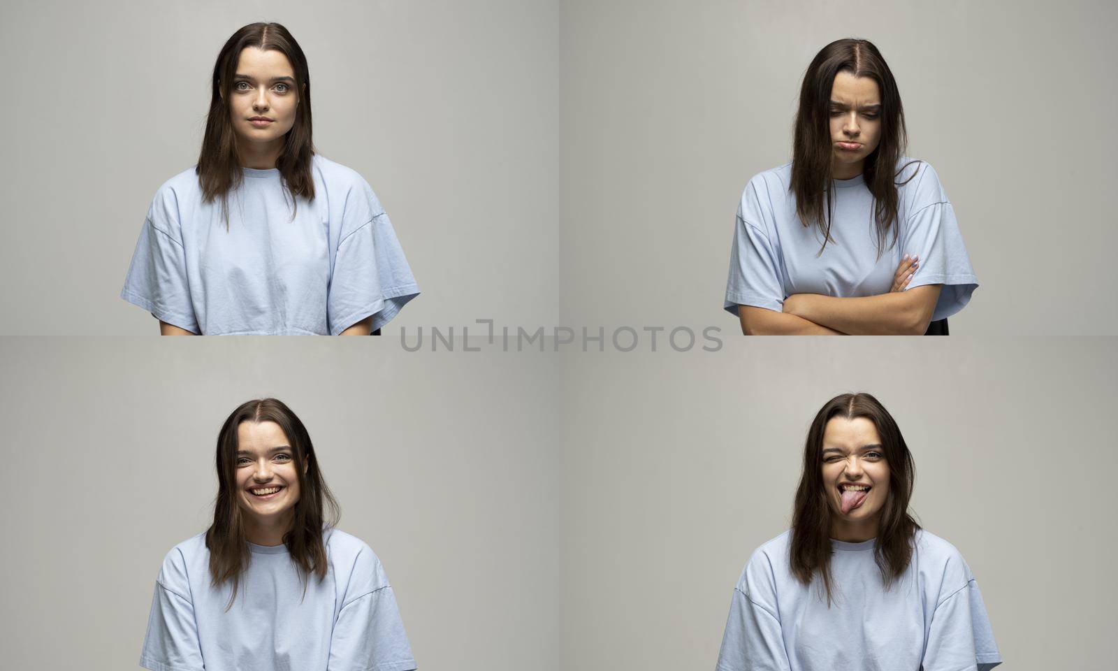 Collage with four different emotions in one young brunette woman in blue t-shirt on white background. Set of young woman's portraits with different emotions