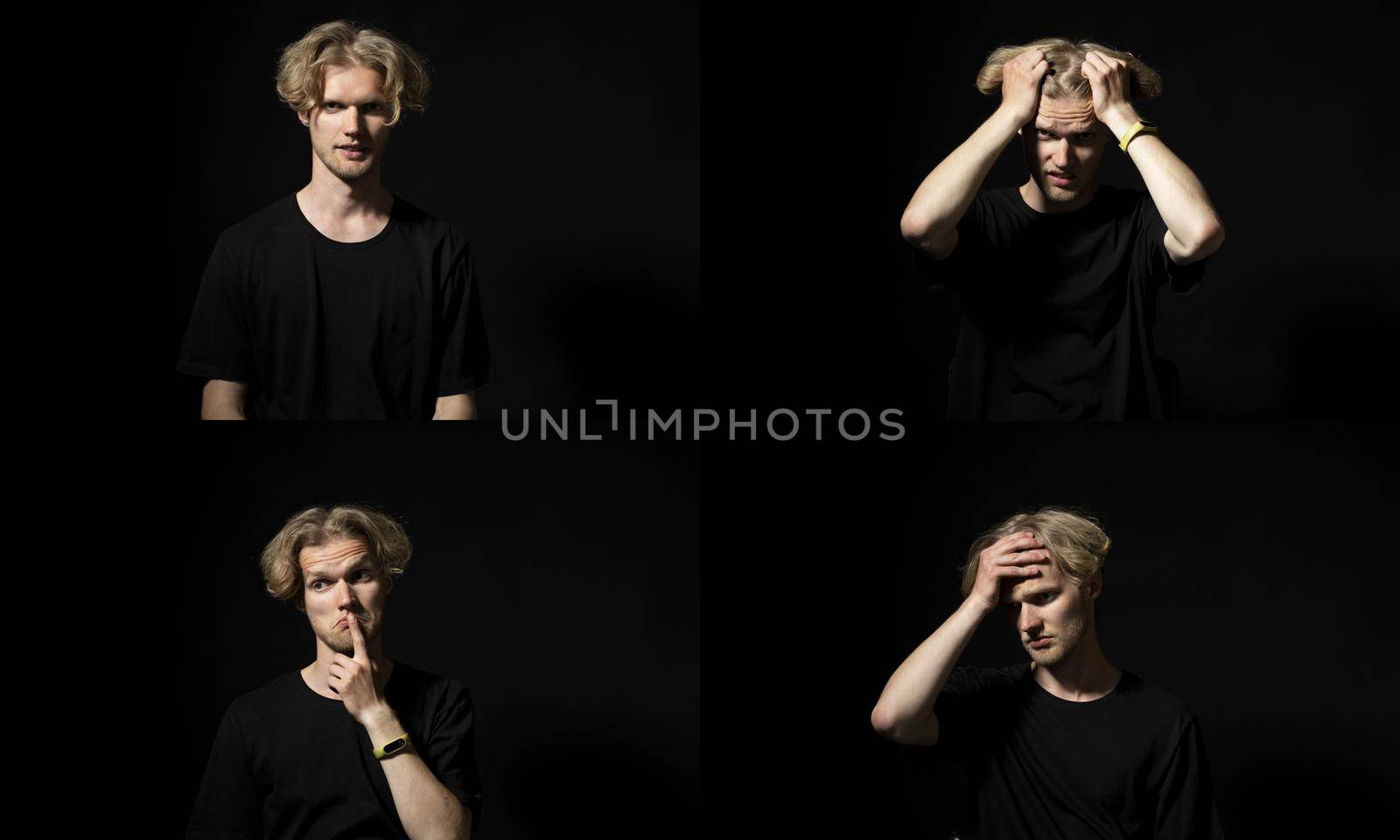 Collage with four different emotions in one young man in black t-shirt on black background. Set of young guy's portraits with different emotions