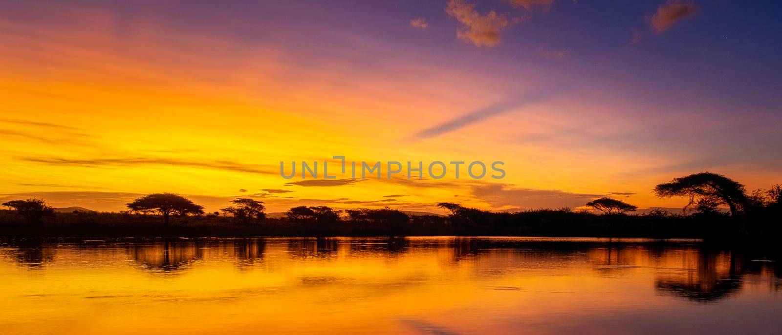 African sunset with a lake trees and mountains, sunset by a water lake in the Savannah South Africa by fokkebok
