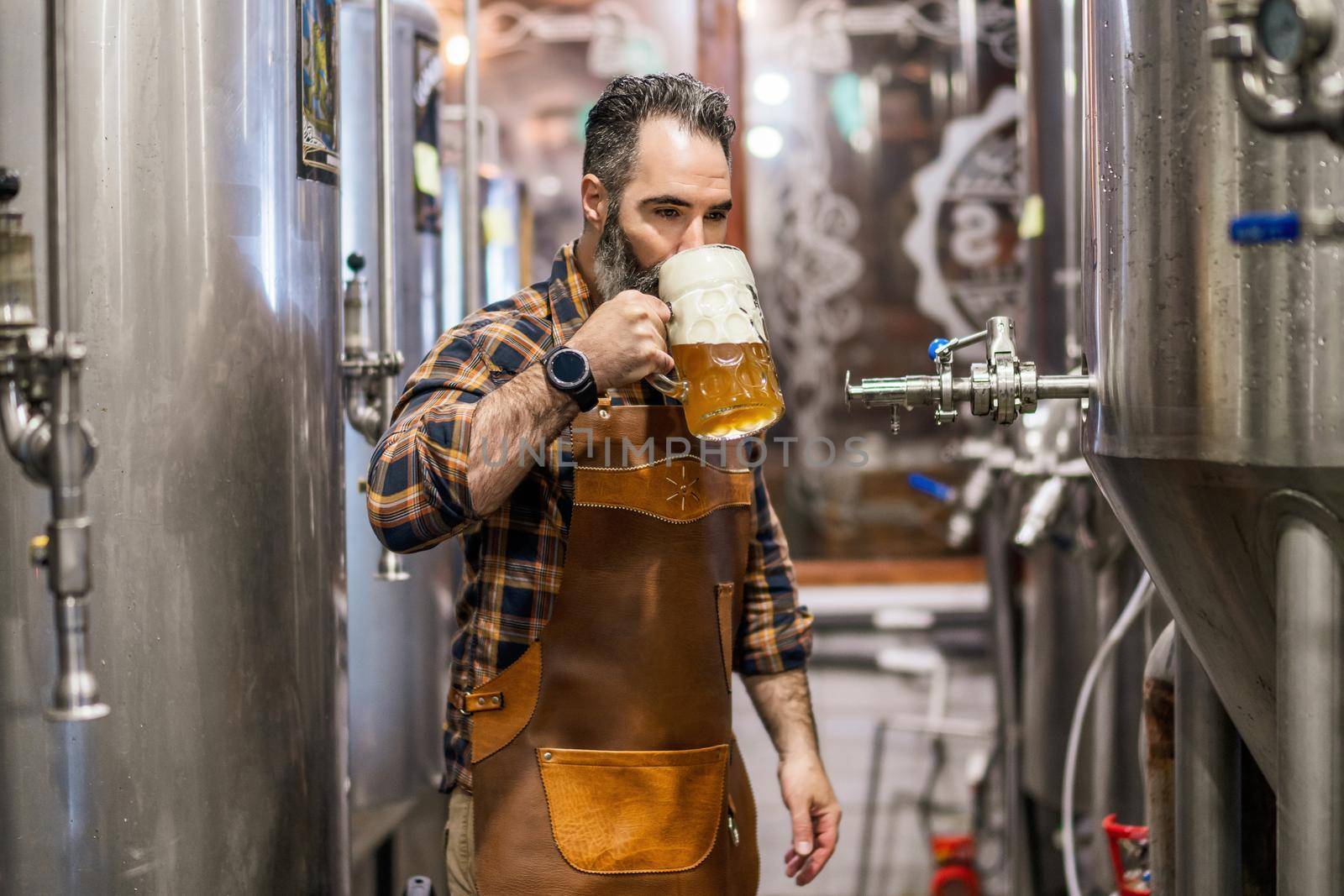 Bearded brewery master tasting beer in production facility. Small family business, production of craft beer.