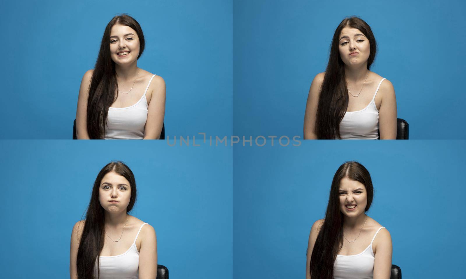 Set of young girl posing with many different facial expressions on blue background. Collage with emotions