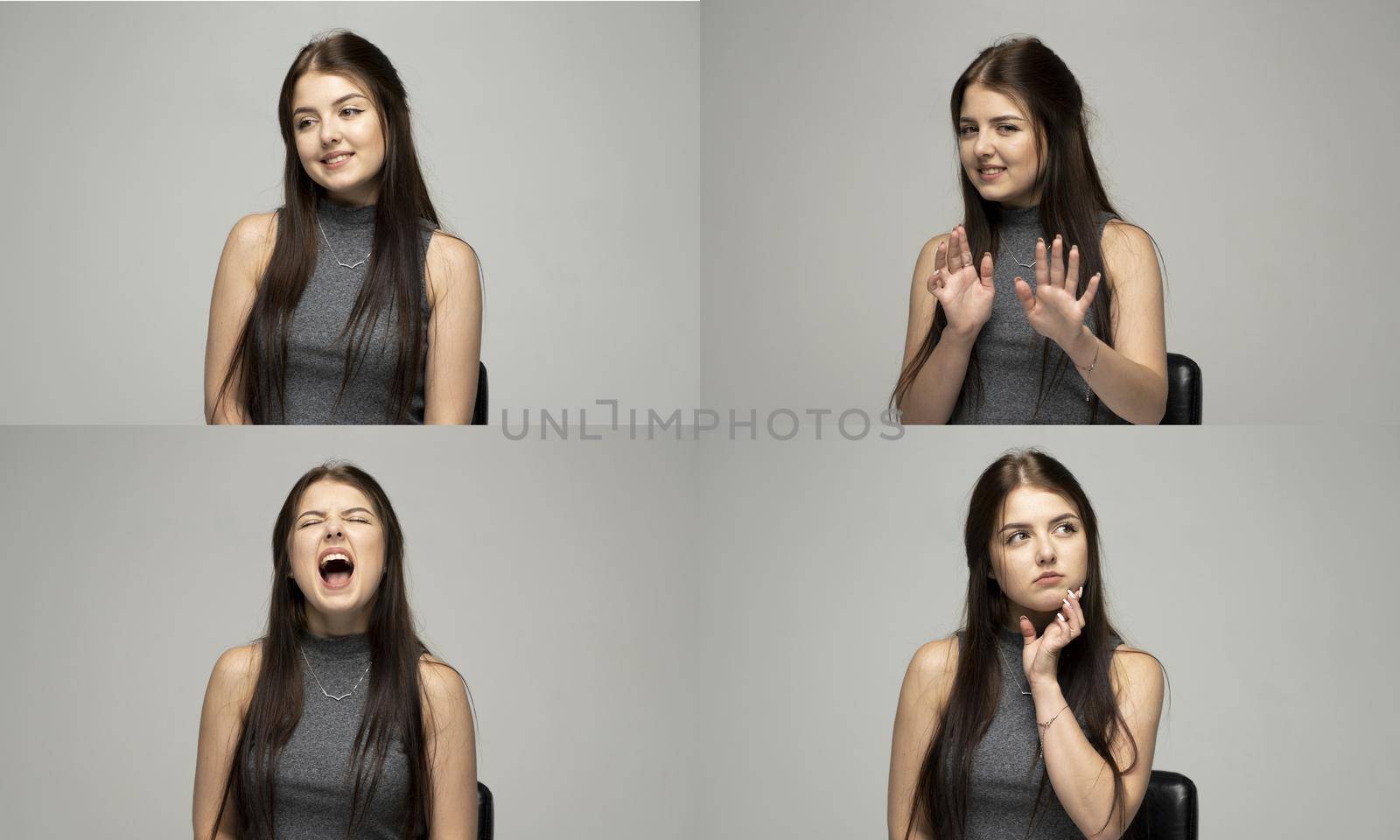 Set of young woman's portraits with different happy and sad emotions. Collage with four different emotions. by vovsht