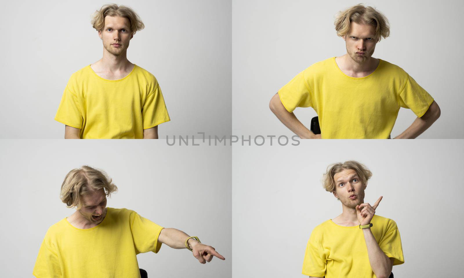 Collage with four different emotions in one young man in yellow t-shirt on white background. Set of young guy's portraits with different emotions