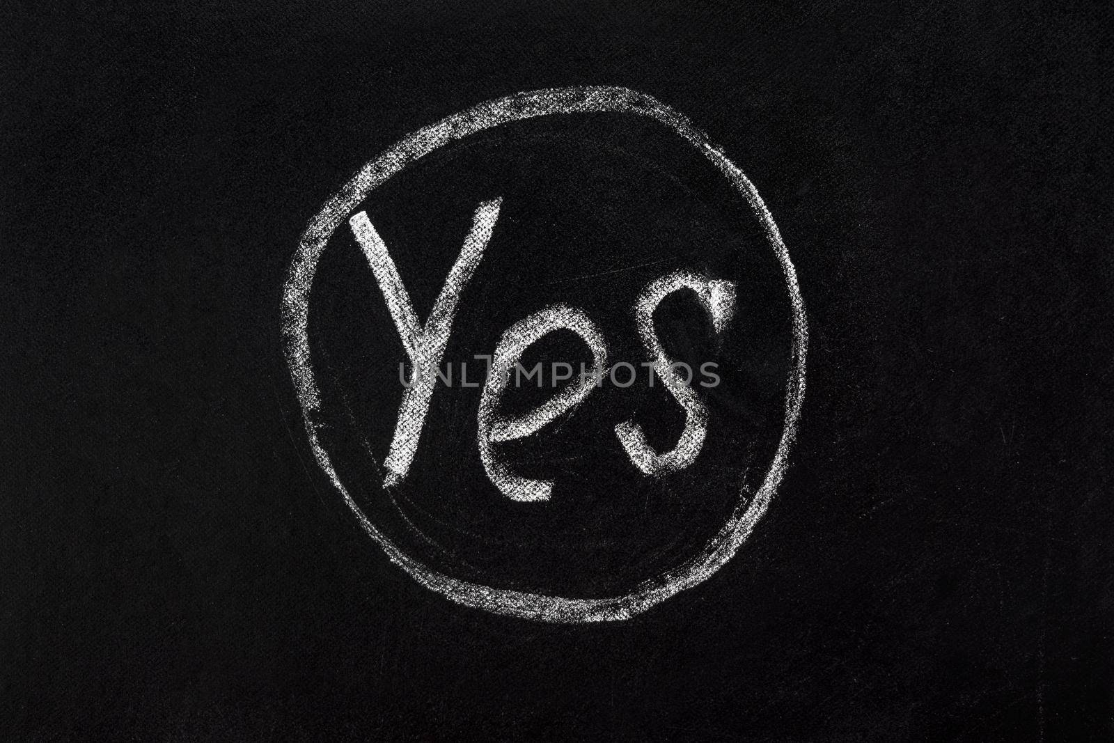 Circled word yes message board school. Decision. Say Yes sign right choice. Correct icon chalk text YES inscription on black chalkboard writing chalk board black background. True. Sign correct symbol by synel