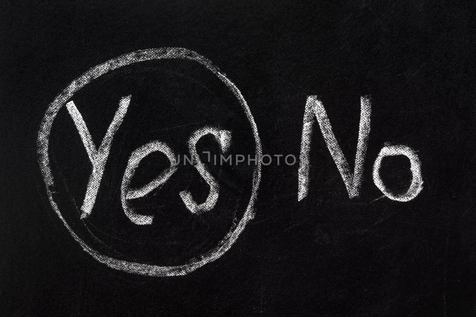 Decision making choice concept text YES and NO on chalkboard writing yes or no word board school. Correct incorrect. Message yes chalk board. Right and wrong answer question. Check test. True or false