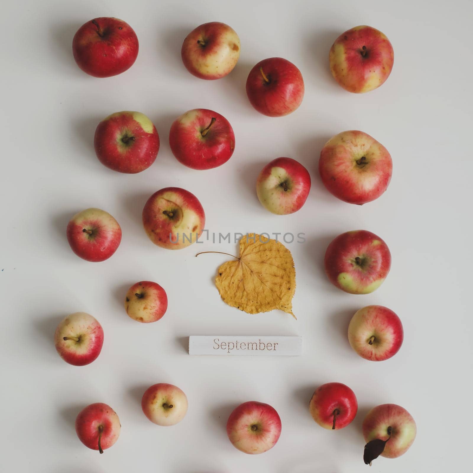 autumn pattern with fresh red apples isolated on white background top view