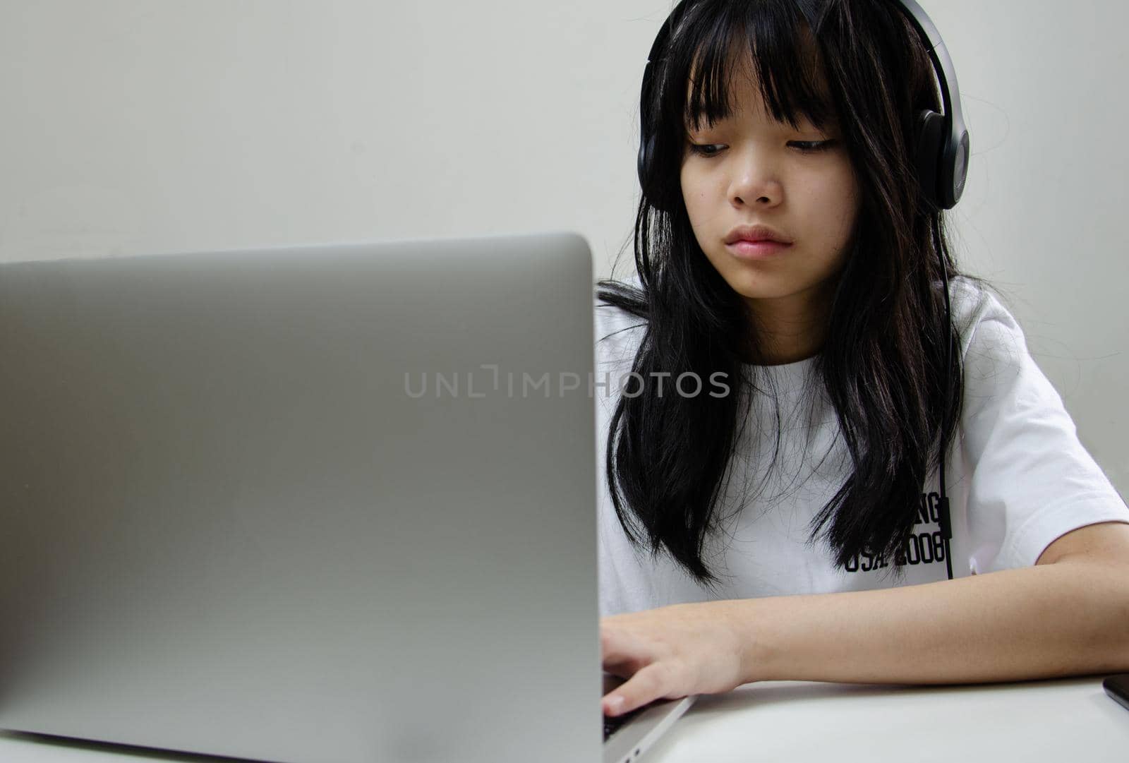 girl study learning digital internet video online computer laptop at home. by aoo3771
