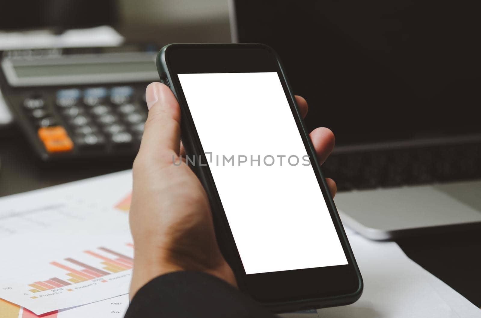 Businessman holding mobile smartphone display mock up white screen blank digital.