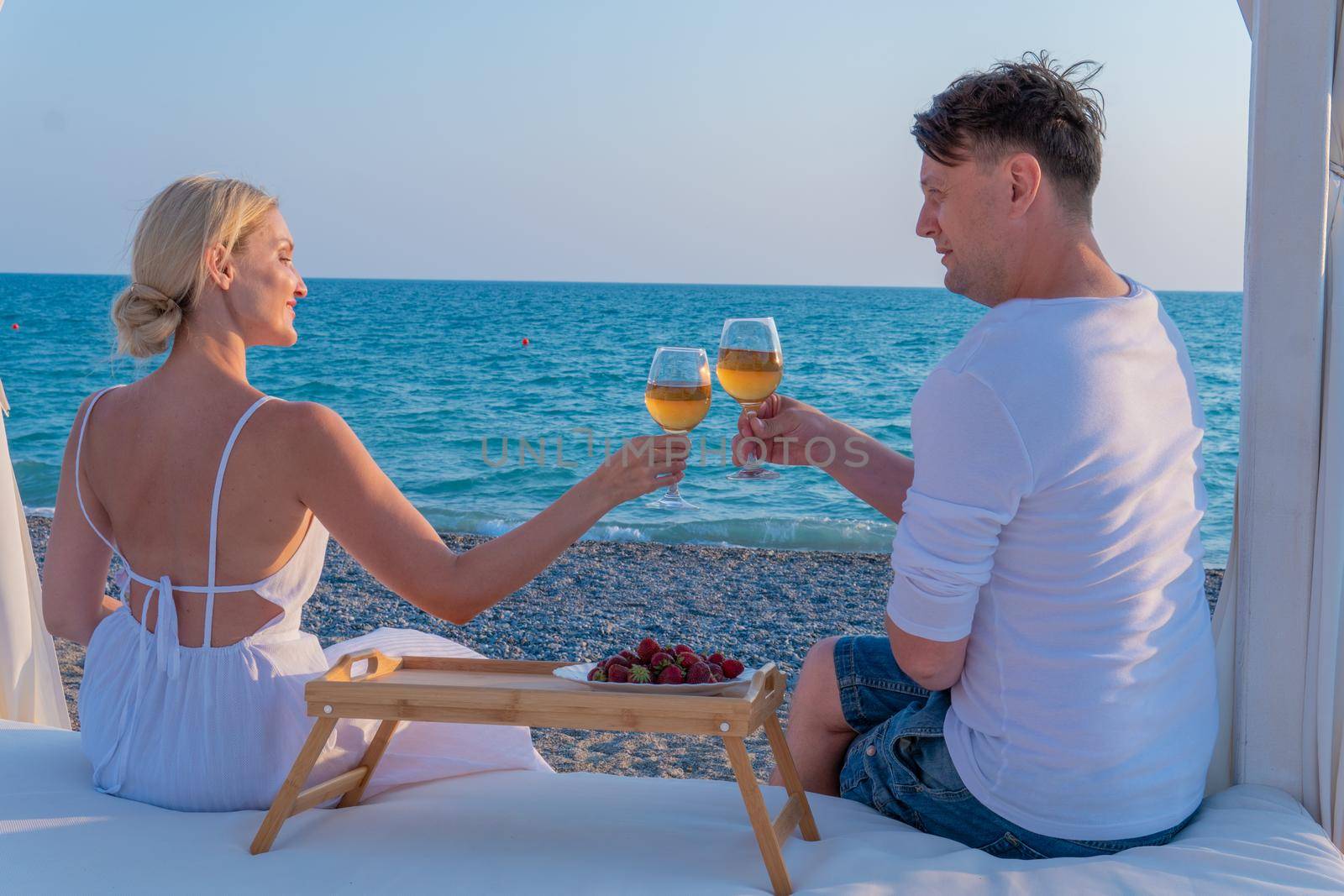 Girl together guy romantic wine sea restaurant rest copyspace beach, from sunny var in glass for lifestyle landscape, sky party. Food view relaxation,