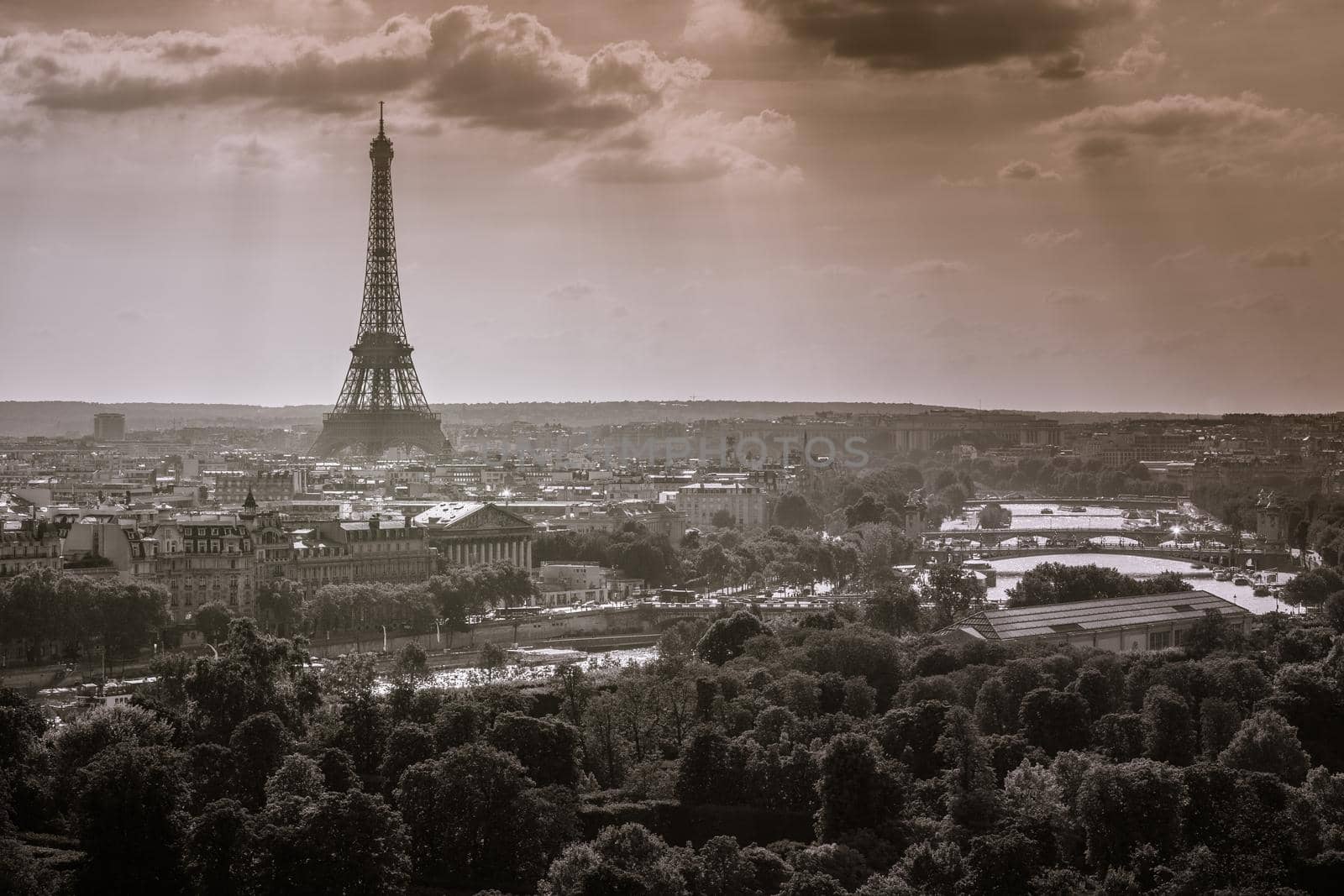 Eiffel tower view from Montparnasse at dramatic sunset from above, Paris, France