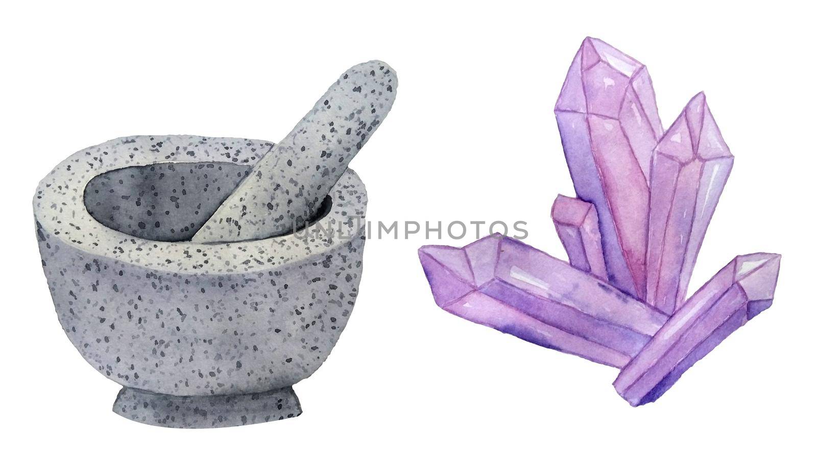 Watercolor hand drawn illsutration of gray mortar pestle and purple crystal. Witch halloween occult magic tools for witchcraft potion brew, wizard mystery concept. by Lagmar
