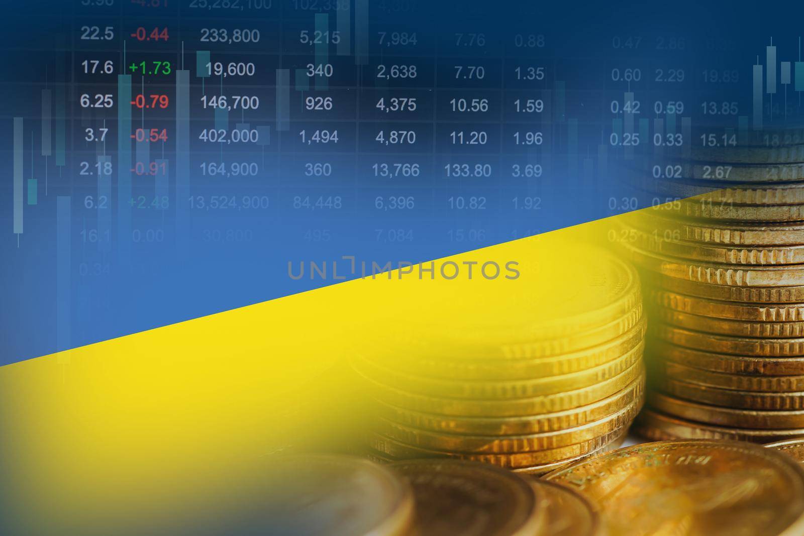 Ukraine flag with stock market finance, economy trend graph digital technology.