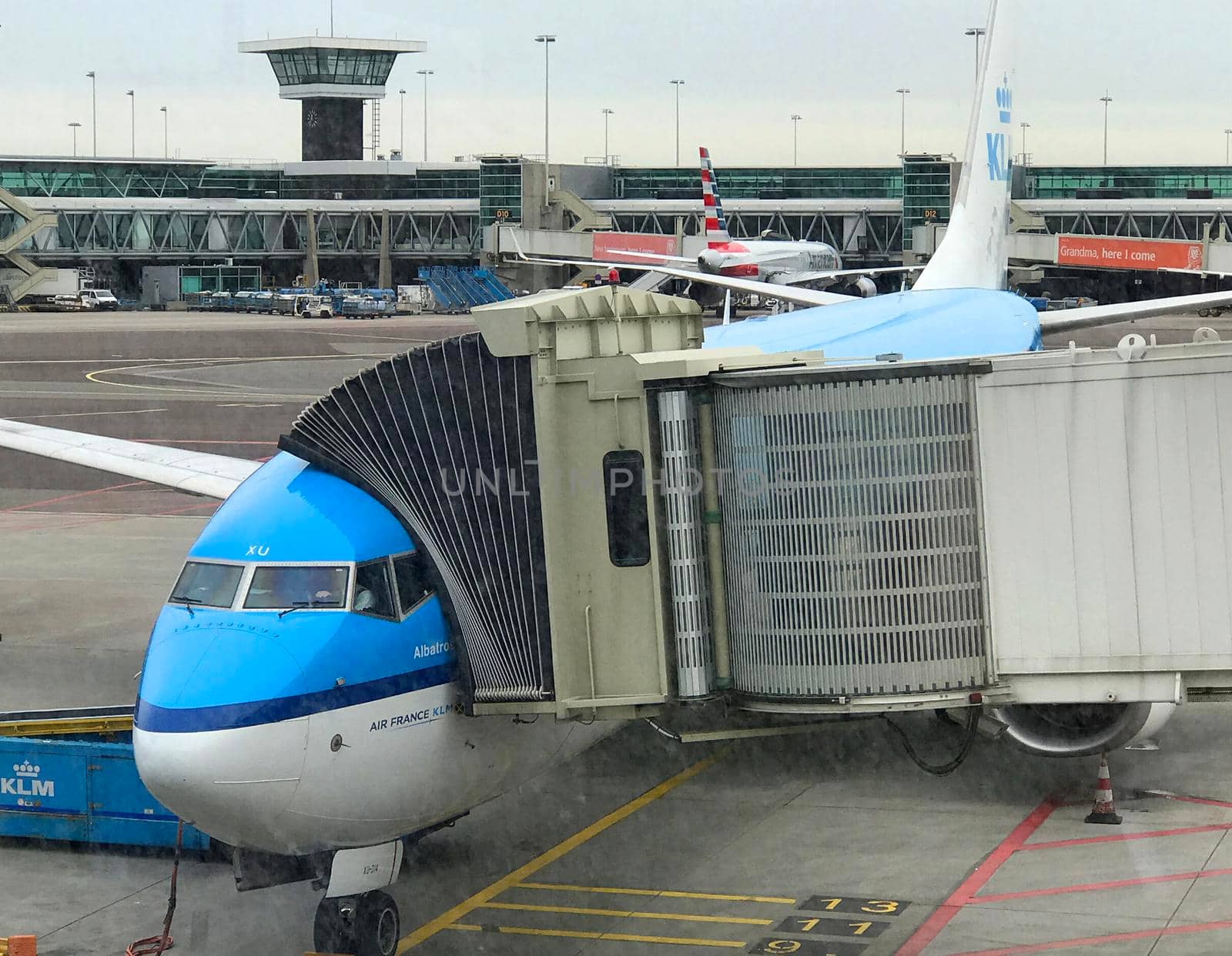 Lisbon, Portugal - March 3, 2017 - Airplane of KLM (Royal Dutch Airlines) got connected to a jet bridge. It's a Boeing 737-800 called Albatross