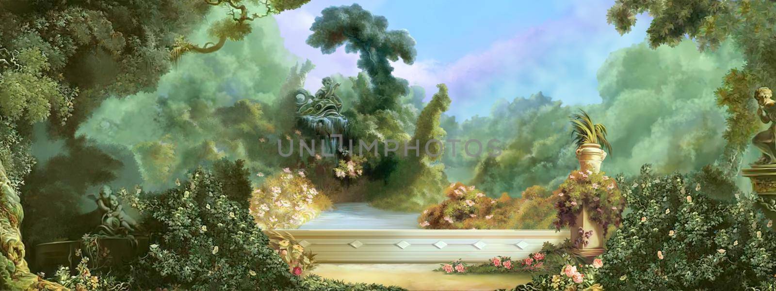Old manor park on a sunny day. Digital Painting Background, Illustration.