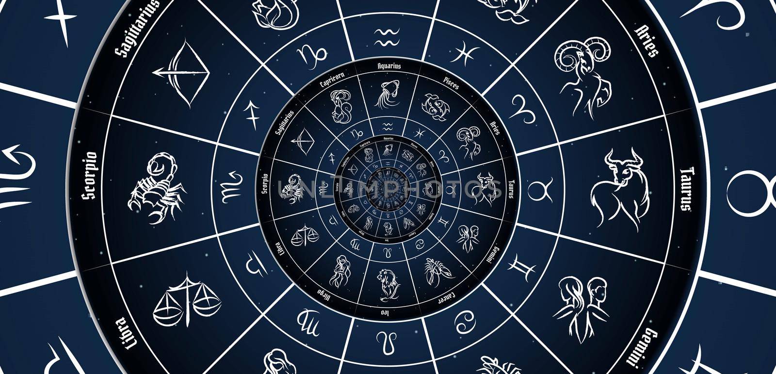 Astrological background with zodiac signs and symbol - blue