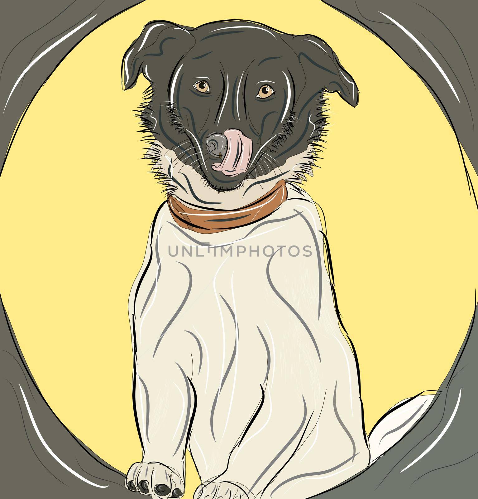 Happy cartoon puppy sitting, Portrait of cute little dog wearing collar. Dog friend. illustration by Andelov13