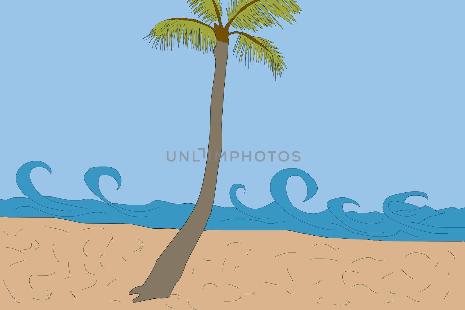 Cartoon flat panoramic landscape, sunset with the palms on colourful background. illustration