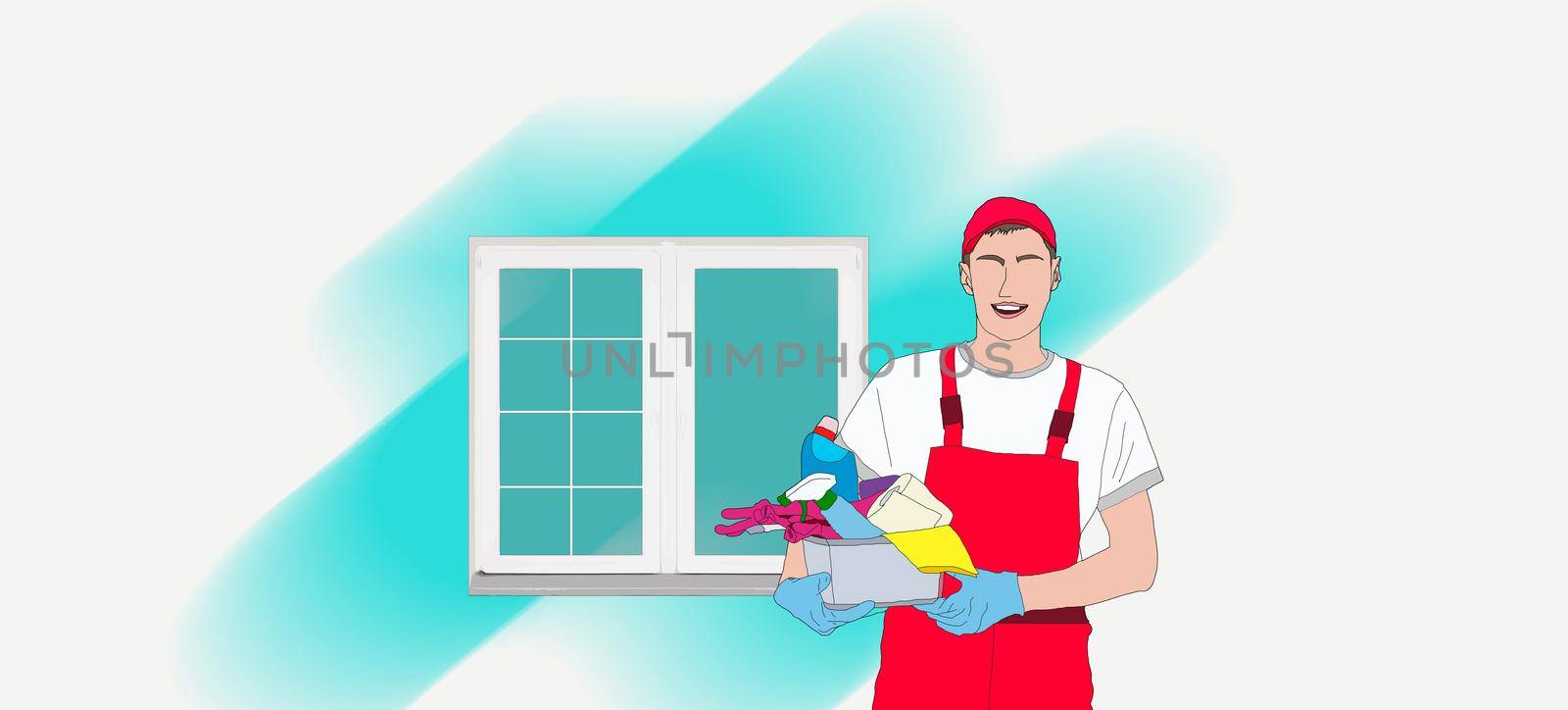 Plastic windows install and repair service. Installer worker in uniform with tools holding a new glass frame. Master installing and fixing windows in apartment. by Andelov13