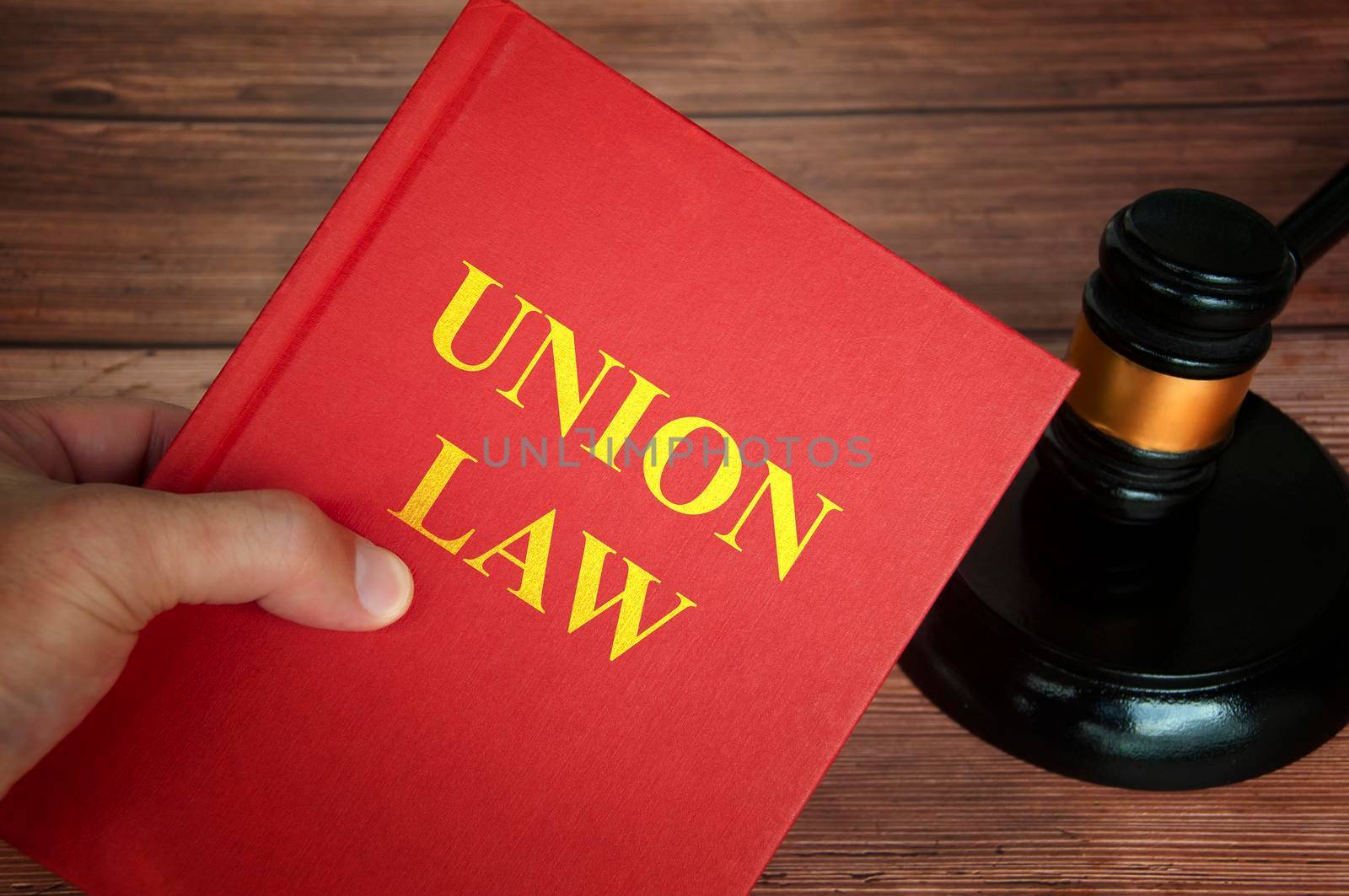 Union law text on law book with judge gavel on wooden desk background. Law concept
