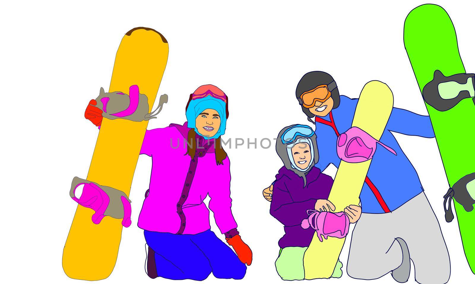 Snow Resort Enjoying And Skiing Family. Father, Mother And Son Child With Snowboard Resting At Snow Resort. Characters Sport Activity On Snowy Mountain Cartoon Illustration.