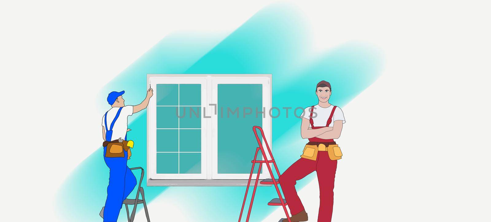 Plastic windows install and repair service. Installer worker in uniform with tools holding a new glass frame. Master installing and fixing windows in apartment.