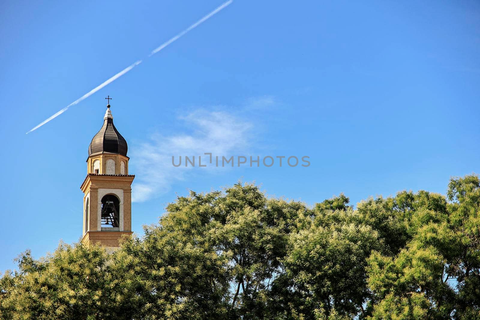 Church bell tower in the trees in Rovigo, Italy