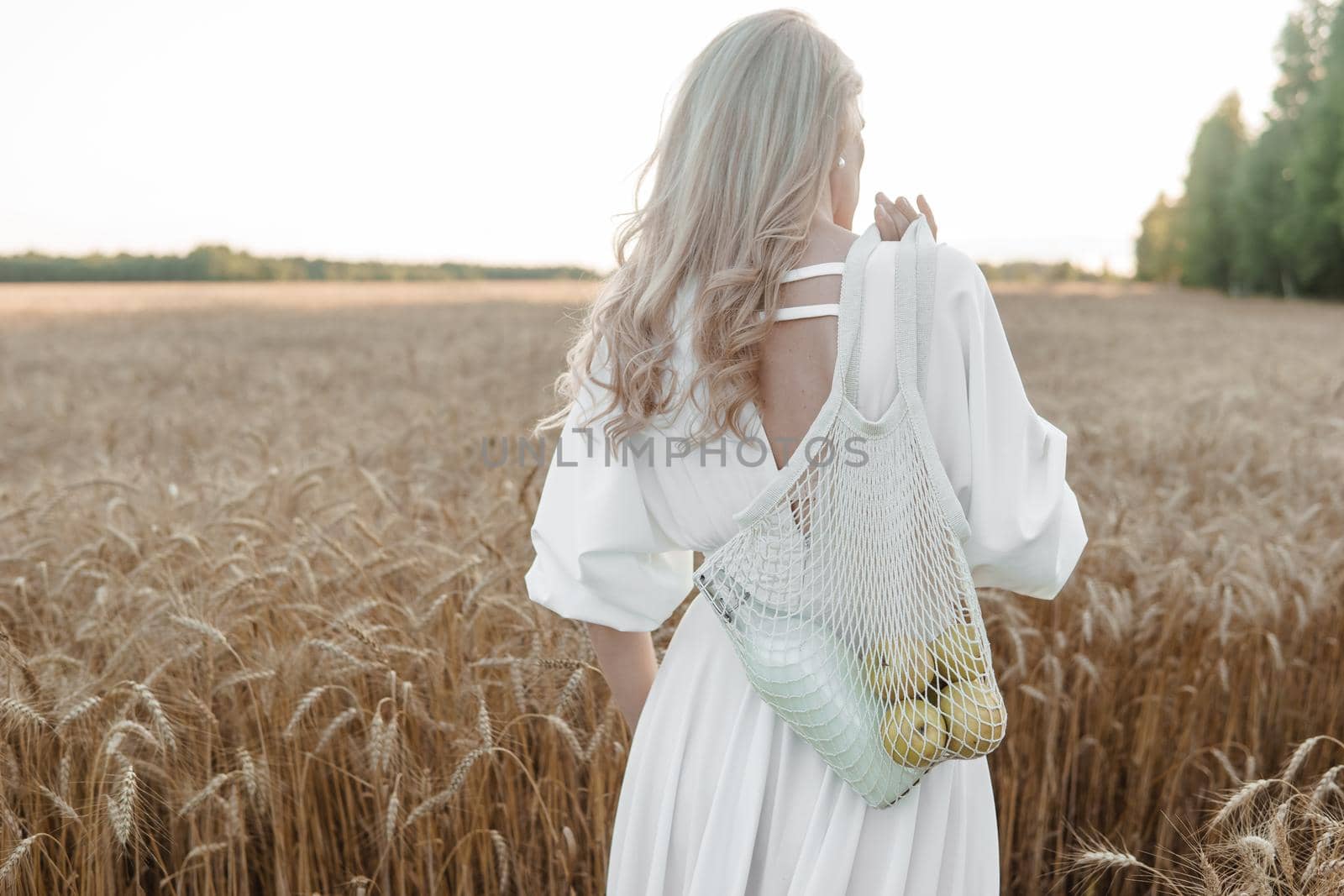 A blonde woman in a long white dress walks in a wheat field. The concept of a wedding and walking in nature.