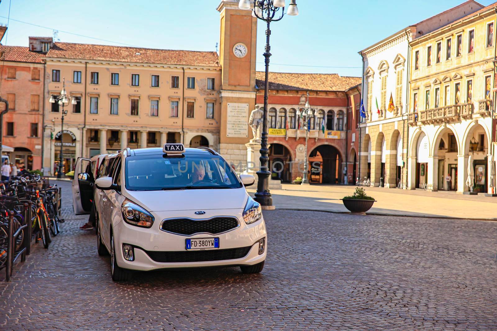 Rovigo, Italy 29 july 2022: Taxi in the historic city