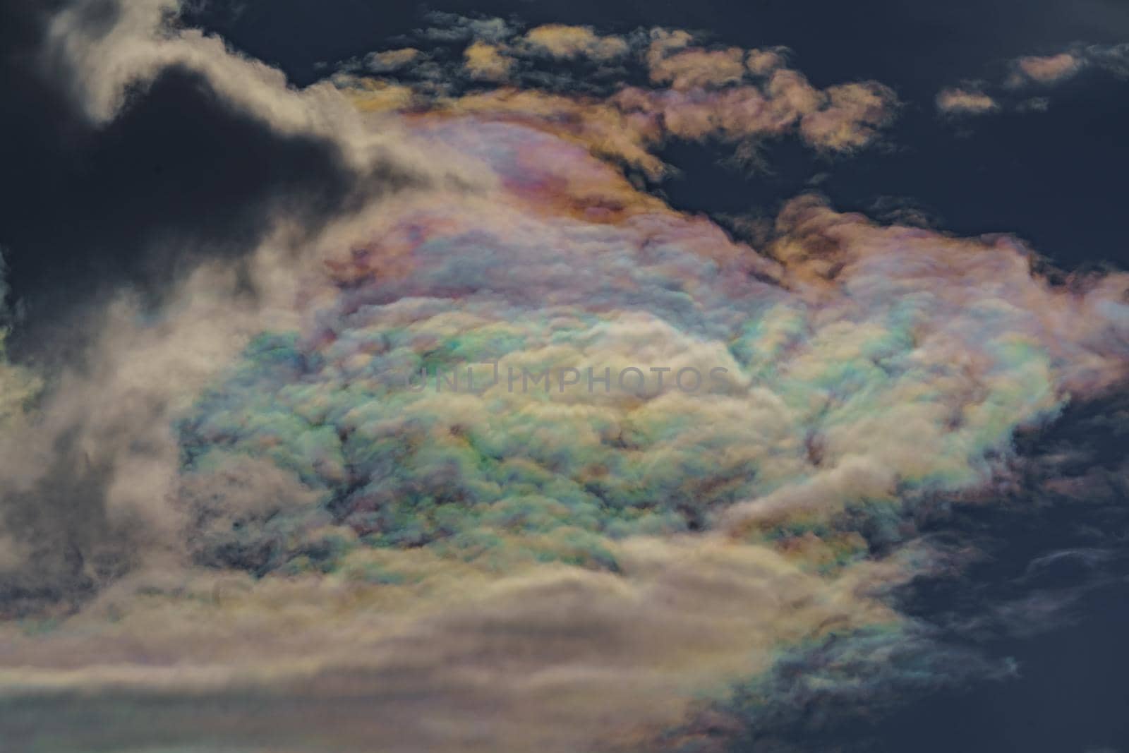 Diffraction of light on drops of supercooled water in clouds, rainbow clouds against the blue sky in clear sunny weather, irisation of cumulus clouds, optical phenomenon, spectral colors. High quality photo