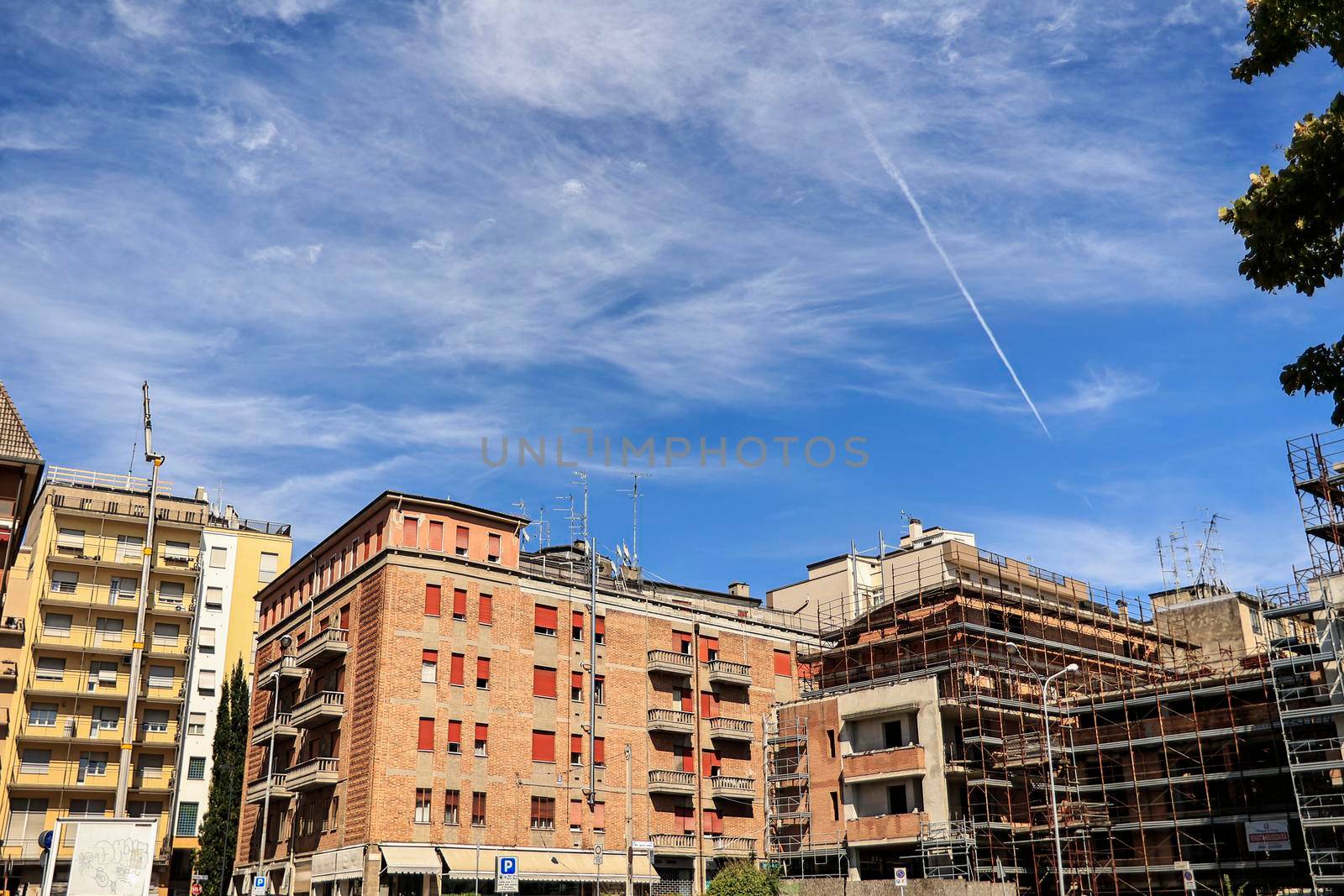 Rovigo, Italy 29 july 2022: Brick mansions undergoing restoration construction site