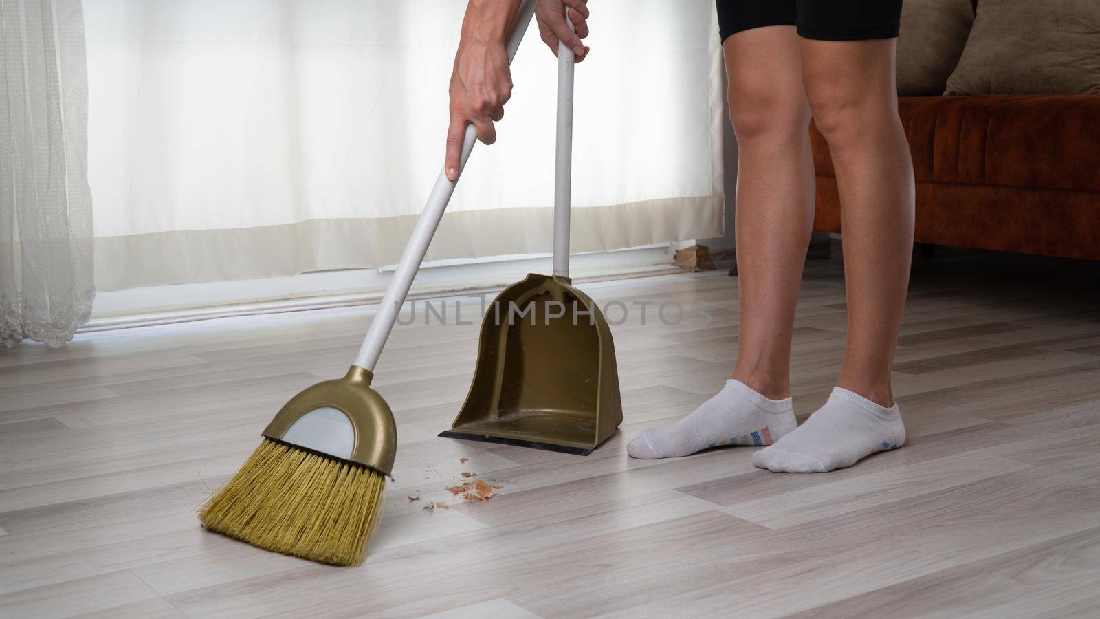 The housewife does the cleaning in the apartment sweeps the dirt off the floor with a broom brush into the scoop. High quality photo