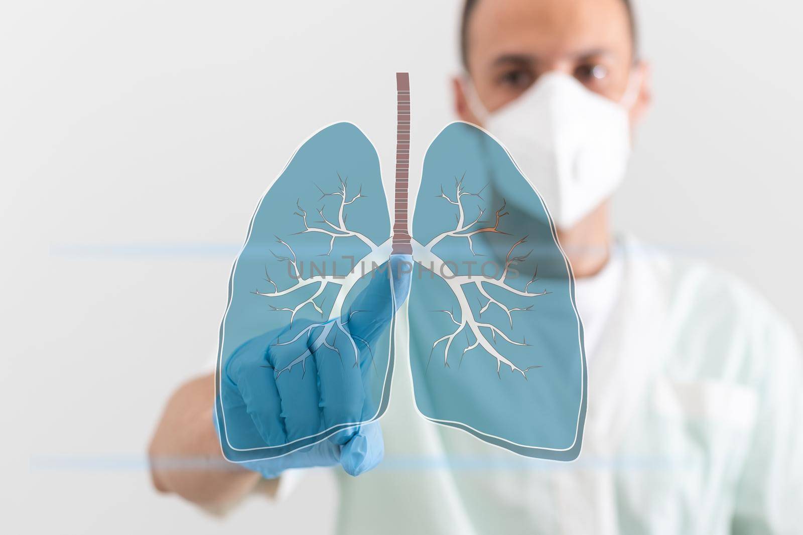 Female doctor holding virtual Lungs in hand. Handrawn human organ, copy space on right side, raw photo colors. Healthcare hospital service. by Andelov13
