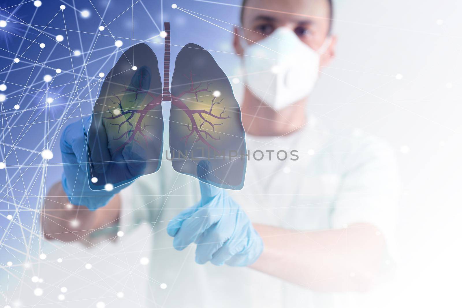 Female doctor holding virtual Lungs in hand. Handrawn human organ, copy space on right side, raw photo colors. Healthcare hospital service. by Andelov13