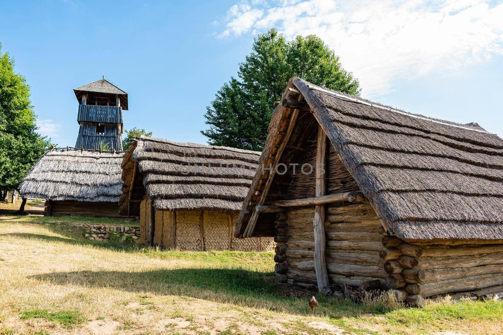 Modra, open-air museum of Great Moravia. Wooden huts in the Museum of Great Moravia Modra