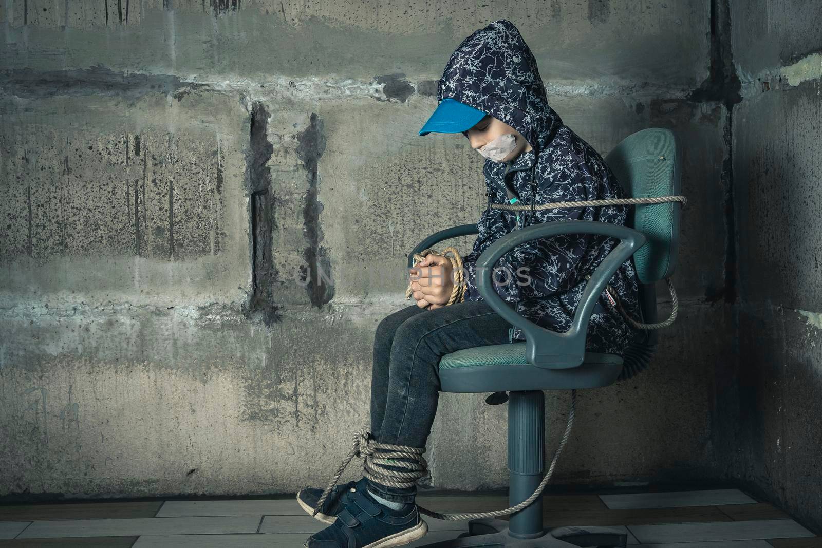 a child in the basement is sitting on a chair tied with a rope by audiznam2609