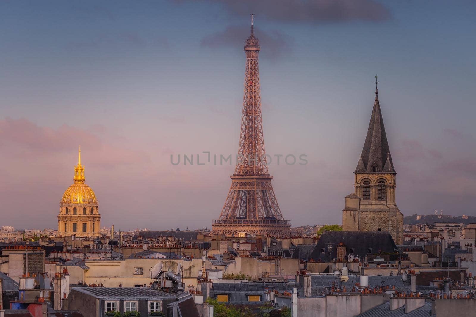 Eiffel tower view from Montparnasse at dramatic sunset from above, Paris, France
