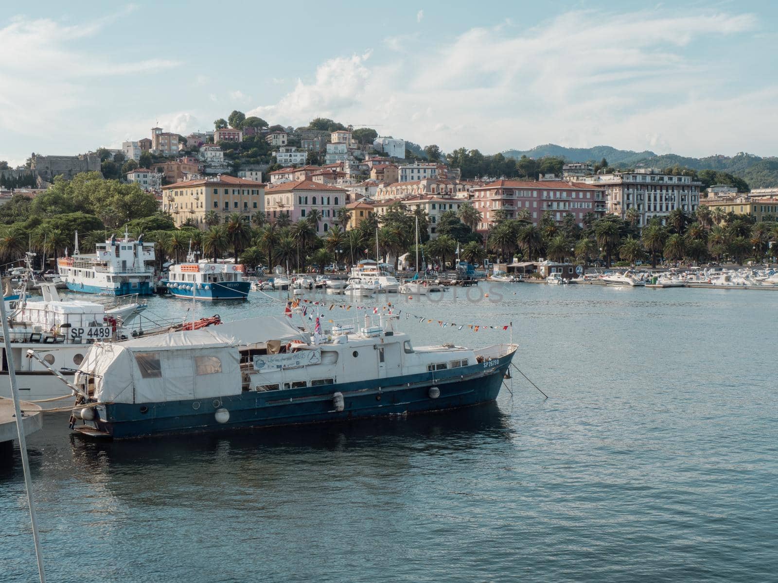 Panoramic view of La Spezia harbour at sunset
