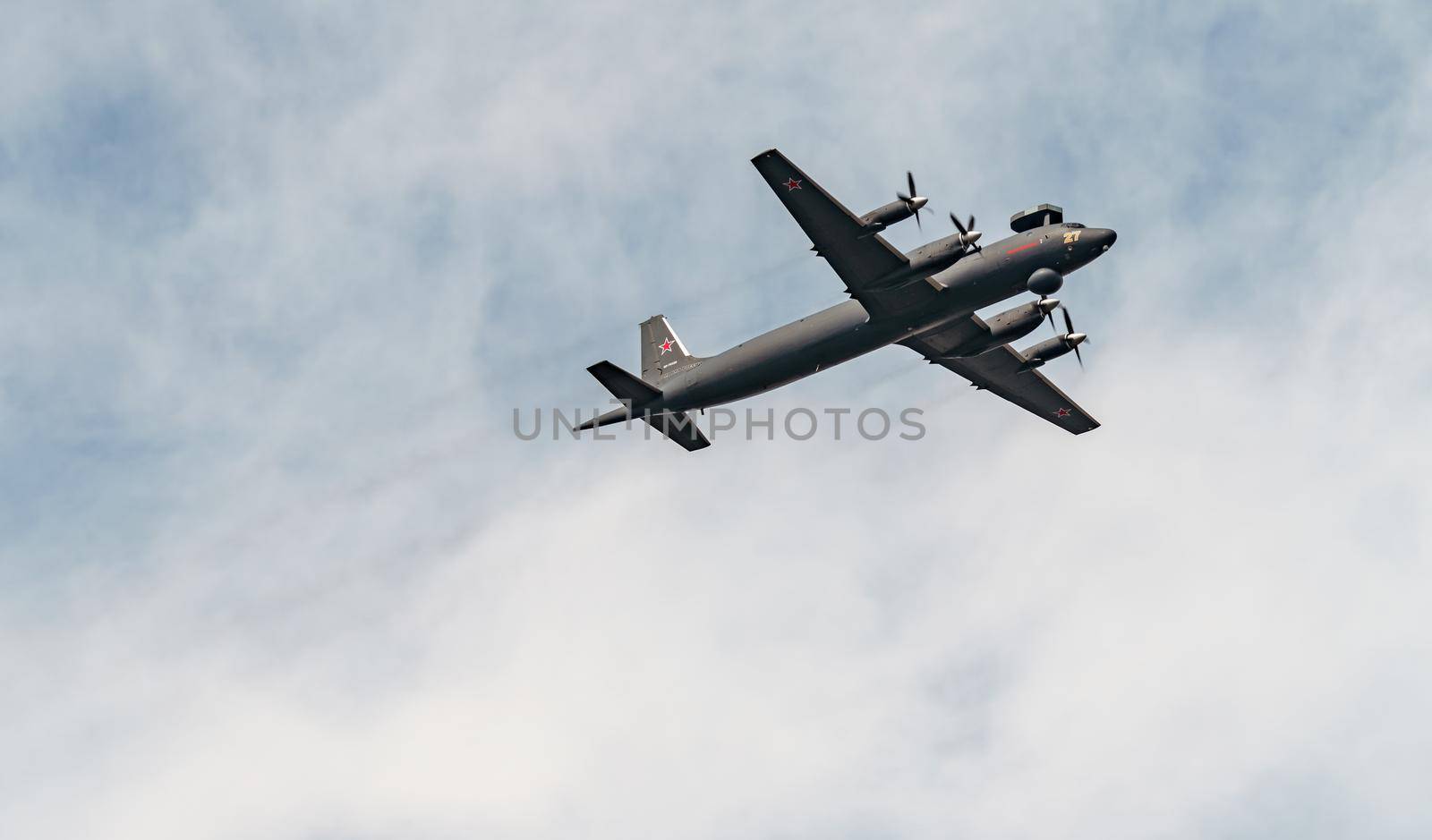 Russia, St. Petersburg, 28 July 2022: Military aircraft and helicopters of the air force fly on the city at the celebration of the Day of the Navy, amphibious and transport aircraft, anti-submarine. High quality photo