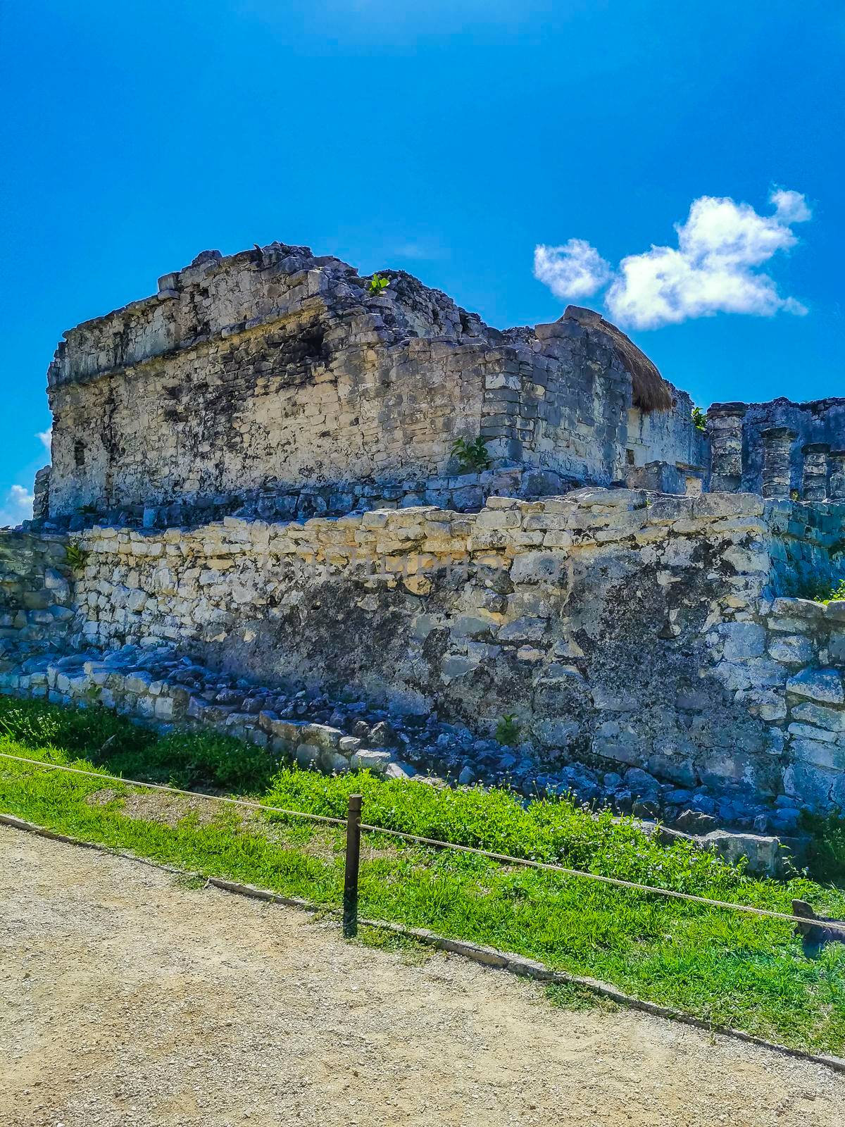 Ancient Tulum ruins Mayan site with temple ruins pyramids and artifacts in the tropical natural jungle forest palm and seascape panorama view in Tulum Mexico.