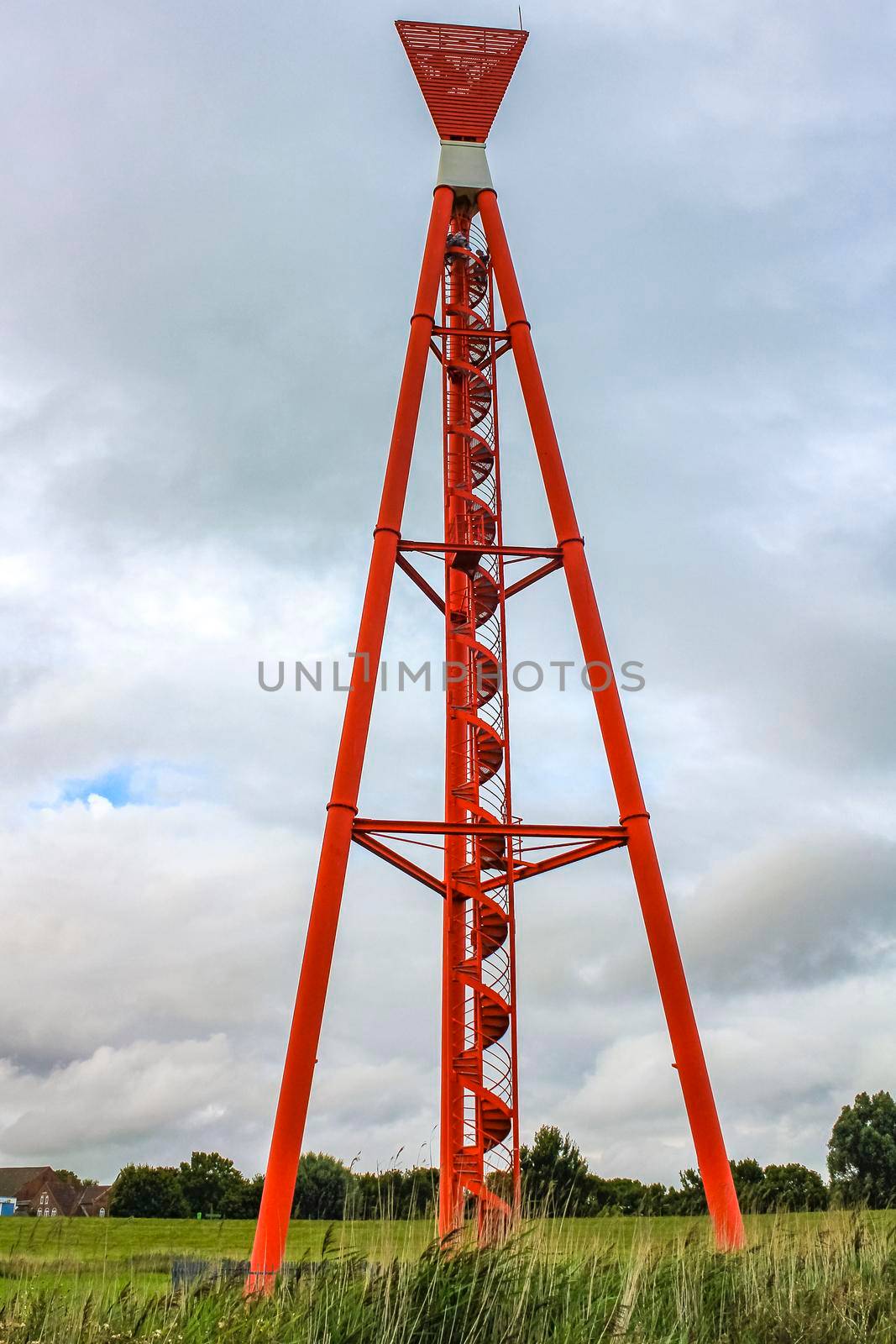 Industrial area cranes red tower lighthouse dyke seascape panorama Germany. by Arkadij