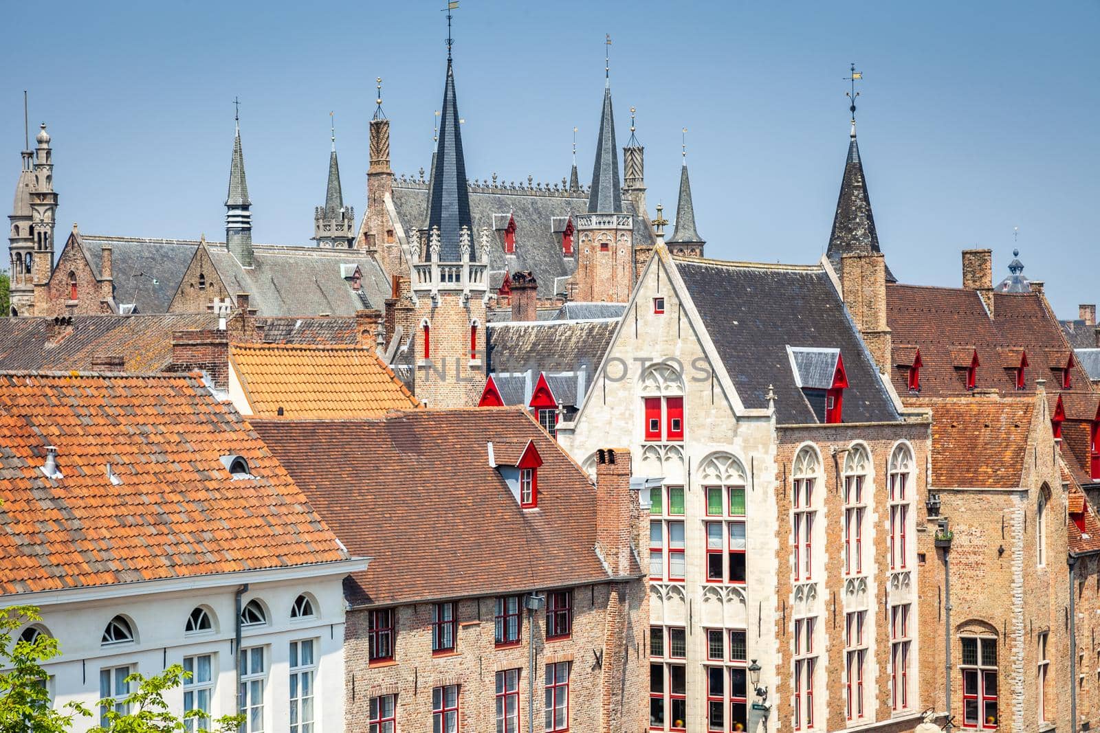 Bruges flemish architecture building facades at sunny day, Belgium