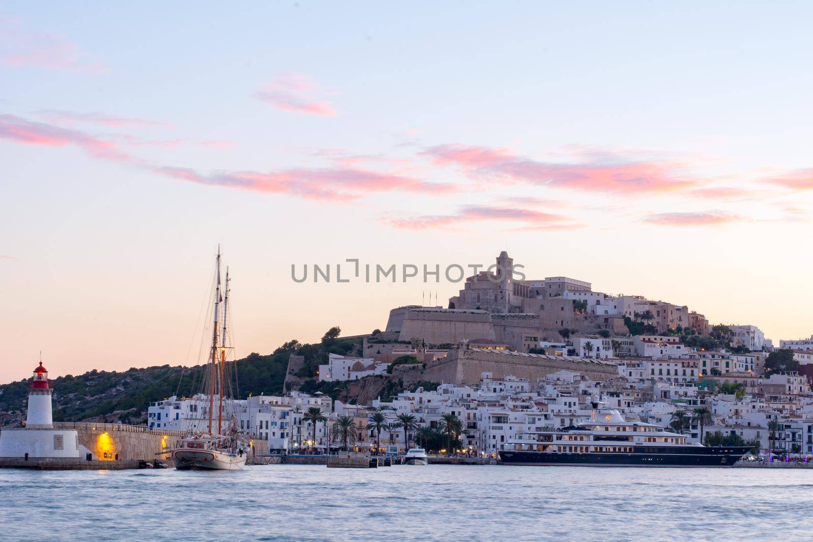Cityscape of Dalt Vila from Marina Ibiza, Ibiza, Spain