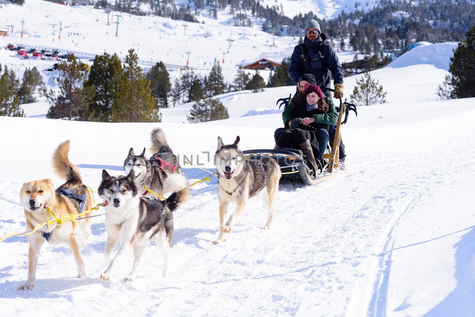 Grau Roig Andorra :  March 2 2018 : 
Sledges pulled by dogs in the Grandvalira Station, Grau Roig Andorra.
