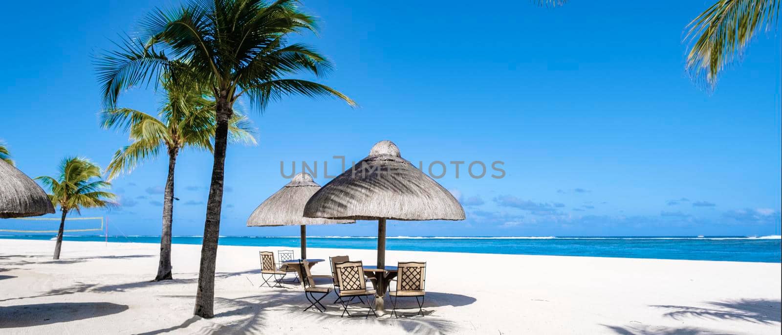 Tropical beach with palm trees and white sand blue ocean and beach beds with umbrella,Sun chairs and parasol under a palm tree at a tropical beac, Le Morne beach Mauritius by fokkebok