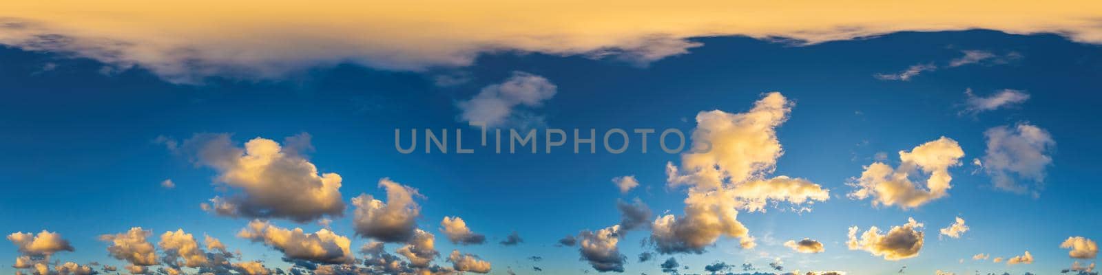 Sky panorama with Cirrus clouds in Seamless spherical equirectangular format. Full zenith for use in 3D graphics, game and editing aerial drone 360 degree panoramas for sky replacement